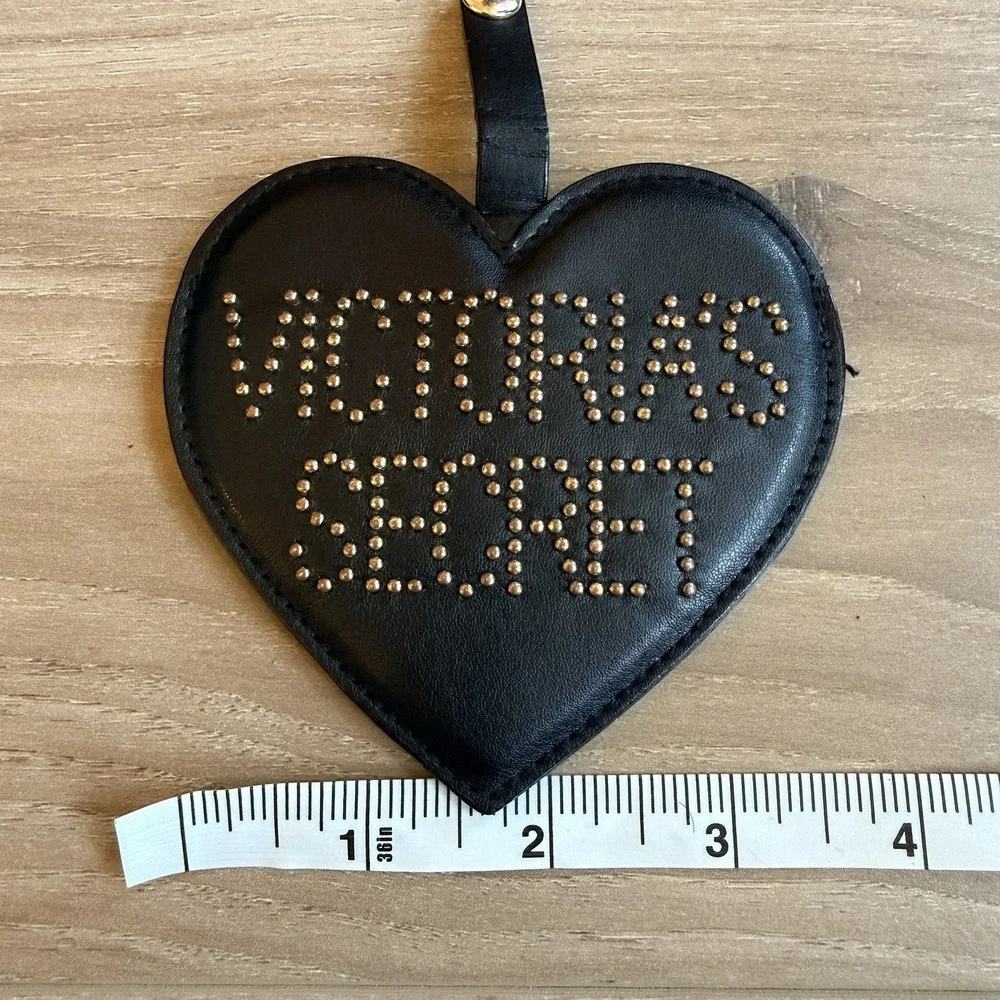Victorias Secret BlackLeather Studded Heart Shaped Tag‎ Bag Charm Keychain
